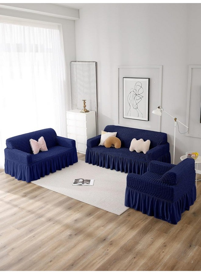 VORHANG Stretch Sofa Slipcover Easy Fitted Sofa Couch Cover with Skirt (Navy Blue -3 Seater) Pack of 1 - Image 2
