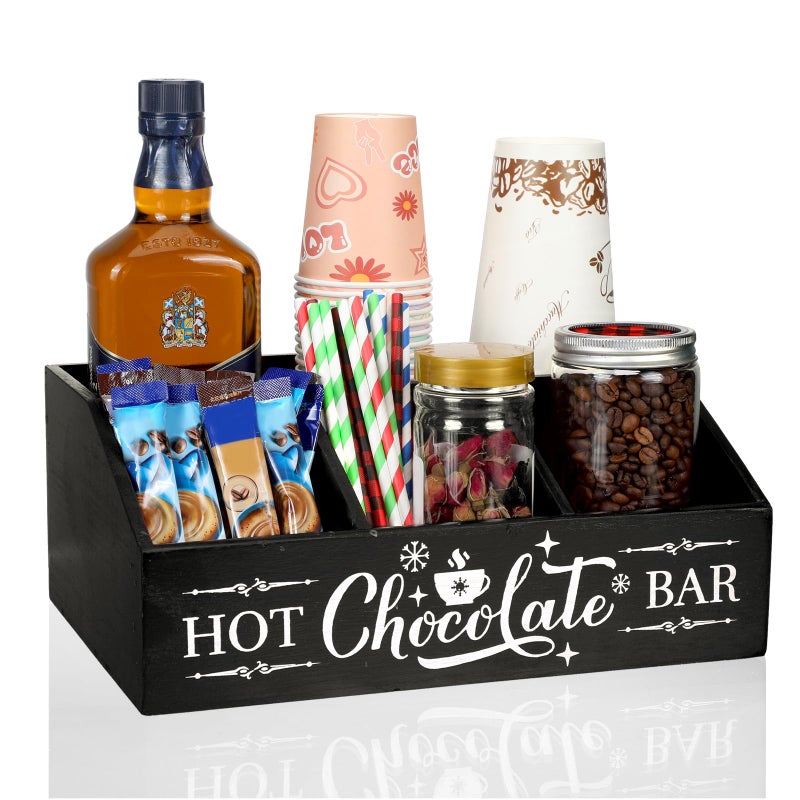 Barydat Christmas Hot Cocoa Bar Wood Coffee Station Organizer Countertop with 4 Compartment Coffee Bar Decorative Holder Xmas Basket Organizer Bin for Kitchen Holiday Gift Party Home SuppliesBlack