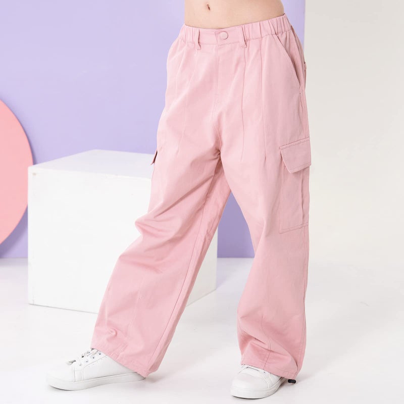 Rolanko Girls Cargo Pants Wide Leg Streetwear Kids Pants with Pockets Trendy Jogger Trousers (Pink, 10-12) - Image 2