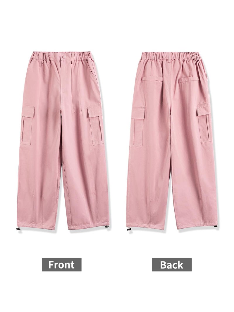 Rolanko Girls Cargo Pants Wide Leg Streetwear Kids Pants with Pockets Trendy Jogger Trousers (Pink, 10-12) - Image 5