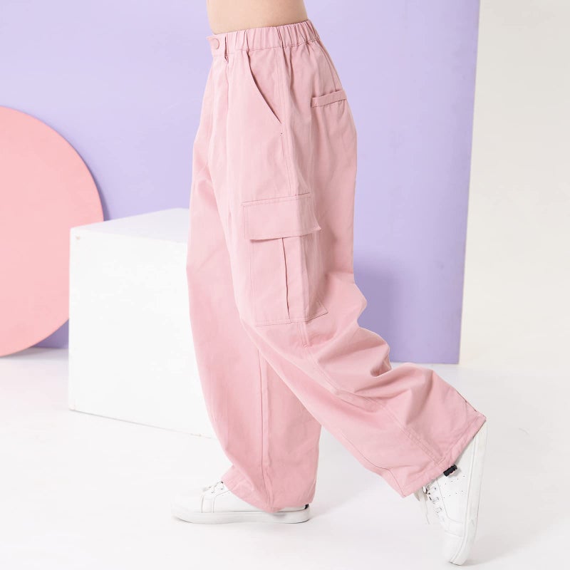 Rolanko Girls Cargo Pants Wide Leg Streetwear Kids Pants with Pockets Trendy Jogger Trousers (Pink, 10-12) - Image 3