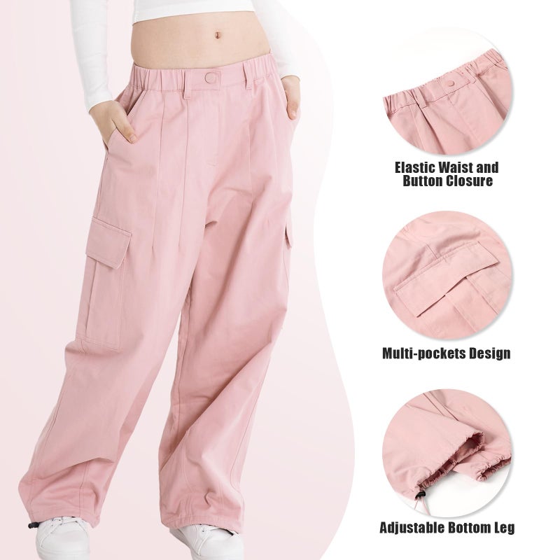 Rolanko Girls Cargo Pants Wide Leg Streetwear Kids Pants with Pockets Trendy Jogger Trousers (Pink, 10-12) - Image 4