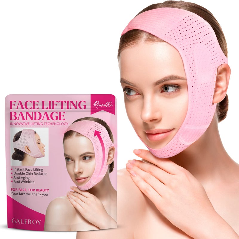 Galeboy Reusable Double Chin Reducer- V Line Mask -Double Chin Remover-Facial Slimming Chin Strap-Chin Up Mask Face Lifting Belt V Shaped Slimming Face Mask, Pink - Image 1