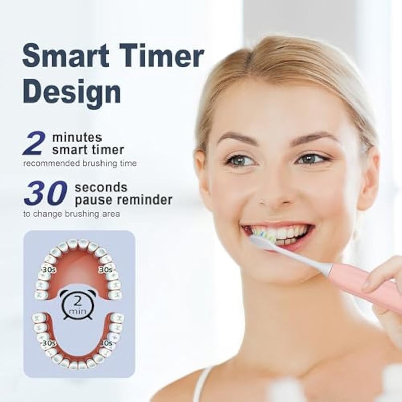 7AM2M Sonic Electric Toothbrush for Adults and Kids, with Travel Case & 8 Brush Heads, 5 Modes with 2 Minutes Build in Smart Timer, Roman Column Handle Design (Pink) - Image 5