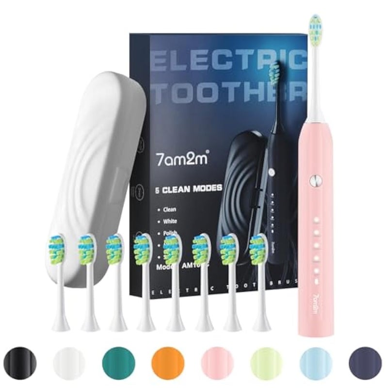 7AM2M Sonic Electric Toothbrush for Adults and Kids, with Travel Case & 8 Brush Heads, 5 Modes with 2 Minutes Build in Smart Timer, Roman Column Handle Design (Pink) - Image 1
