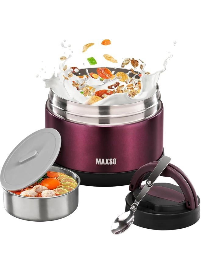 MAXSO Food Jar for Hot Food - 24 OZ Soup Thermo for Adults Vacuum Insulated Lunch Containers with Foldable Spoon & Thermal Bag, Wide Mouth Leakproof Bento Box - Burgundy - Image 1