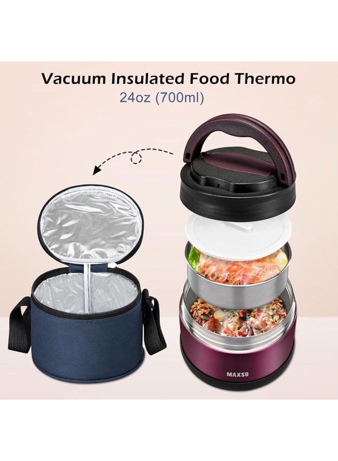 MAXSO Food Jar for Hot Food - 24 OZ Soup Thermo for Adults Vacuum Insulated Lunch Containers with Foldable Spoon & Thermal Bag, Wide Mouth Leakproof Bento Box - Burgundy - Image 2
