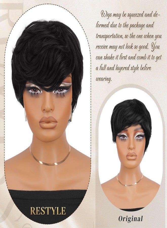 RUWISS Pixie Cut Wig Human Hair - Short Wigs for Black Women with Bangs, Natural Layered Wavy Wig, Glueless, 1B# - Image 3