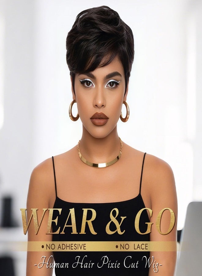 RUWISS Pixie Cut Wig Human Hair - Short Wigs for Black Women with Bangs, Natural Layered Wavy Wig, Glueless, 1B# - Image 4