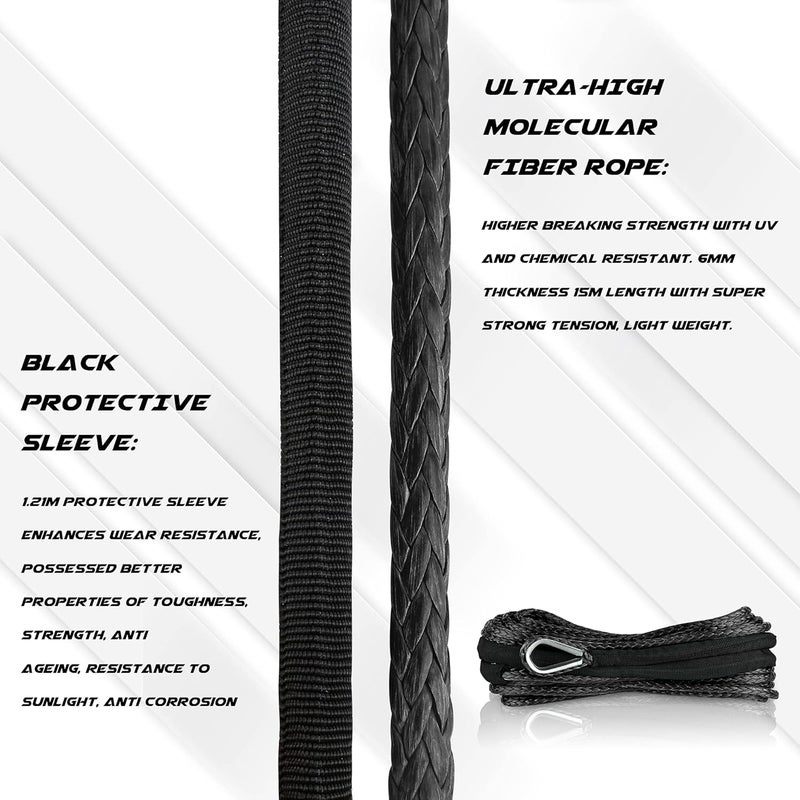 XPV AUTO XPV SK75 1/4" x 49‘ Dyneema Synthetic Winch Rope Cable with Black Protecting Sleeve for SUV ATV UTV Vehicle Boat Car （10000LBS）(Black) - Image 4