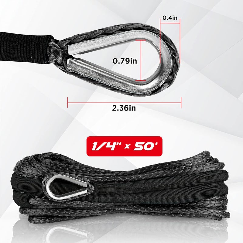 XPV AUTO XPV SK75 1/4" x 49‘ Dyneema Synthetic Winch Rope Cable with Black Protecting Sleeve for SUV ATV UTV Vehicle Boat Car （10000LBS）(Black) - Image 3