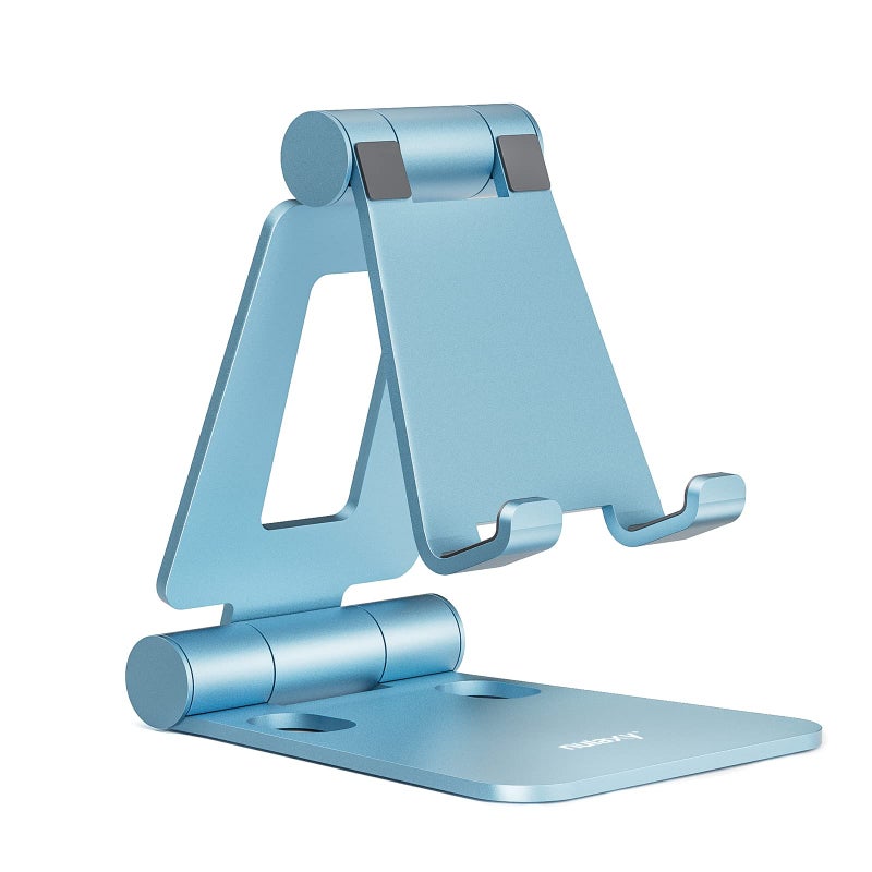Nulaxy Dual Folding Cell Phone Stand, Fully Adjustable Foldable Desktop Phone Holder Cradle Dock Compatible with iPhone 17 16 15 14 13 12 11 Pro Max Xs Xr X 8, Nintendo Switch, All Phones - Blue - Image 1