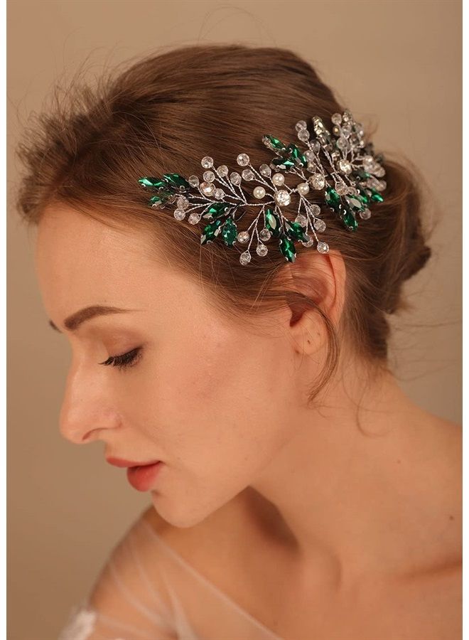 Denifery Pink Crystal Headpiece Bridal Hair Piece Rose Opal Crystal Wedding hair piece Opal Bridal Hairband Wedding Hair Accessory (Green) - Image 2