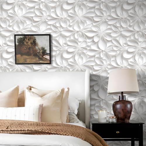 Stickyart 3D White Floral Wallpaper Peel and Stick 3D Flower White Contact Paper Self Adhesive Embossed Pattern Wallpaper Removable Modern Wall Paper for Bedroom Bathroom Walls Cabinets 17.5"x80" - Image 5