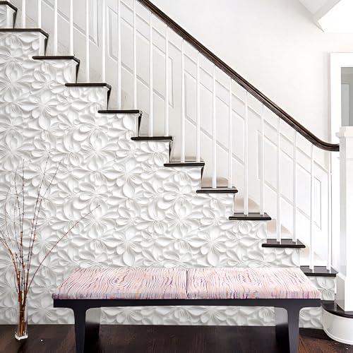 Stickyart 3D White Floral Wallpaper Peel and Stick 3D Flower White Contact Paper Self Adhesive Embossed Pattern Wallpaper Removable Modern Wall Paper for Bedroom Bathroom Walls Cabinets 17.5"x80" - Image 2