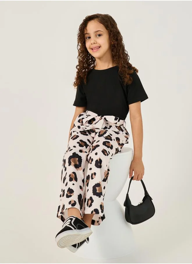 Styli Solid T-Shirt and Animal Print Pants Set