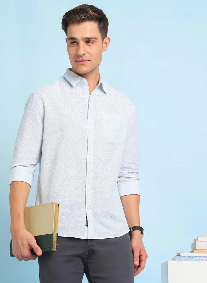 دينيس لينغو تيشيرت رجالي قطن أزرق مطبوع بأزرار بقصة عادية