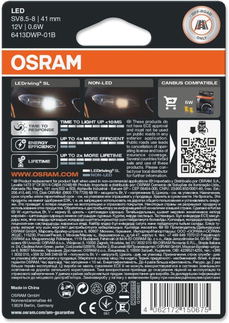 OSRAM LEDriving SL, ≜ C5W (41 mm), Signal lights, White 6000K, LED Retrofit, off-road use only, Single pack (1 lamp) - Image 3