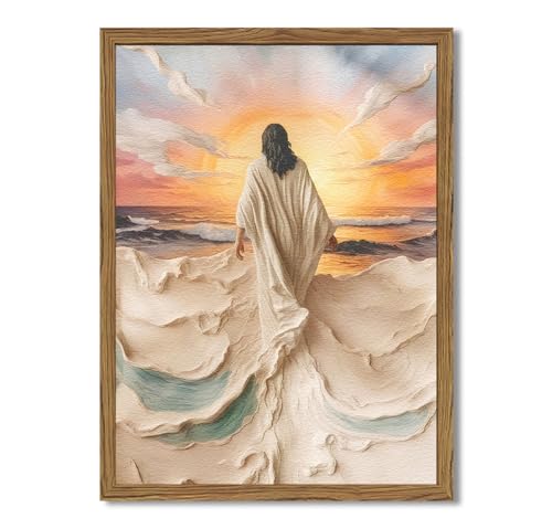 Hwetui Framed 3D Textured Jesus Walking on Water Wall Art Christian Wall Decor Pictures Divine Light Sandstone Paintings Abstract Religious Prints for Living Room Bedroom Church Decoration 12x16 inch - Image 1