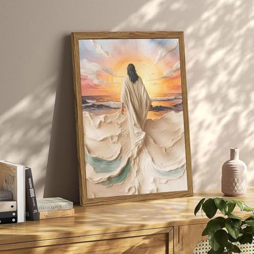 Hwetui Framed 3D Textured Jesus Walking on Water Wall Art Christian Wall Decor Pictures Divine Light Sandstone Paintings Abstract Religious Prints for Living Room Bedroom Church Decoration 12x16 inch - Image 3