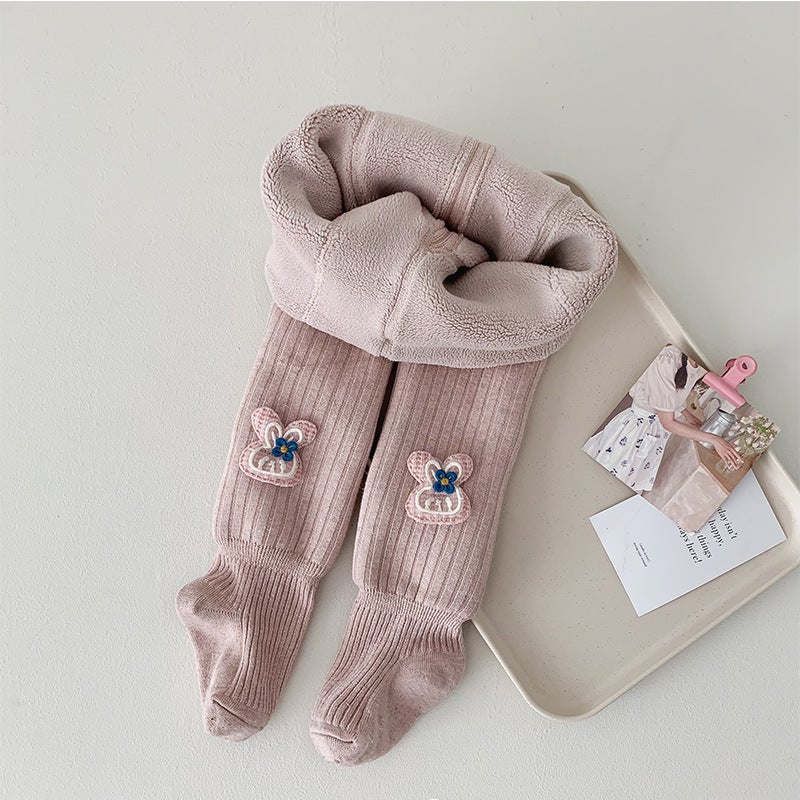 Children'S Pantyhose Plus Velvet Padded Small Flower Bow Pantyhose Female Baby Warm Bottomings - Image 1
