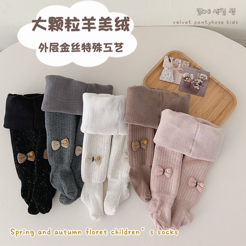 Children'S Pantyhose Plus Velvet Padded Small Flower Bow Pantyhose Female Baby Warm Bottomings - Image 2