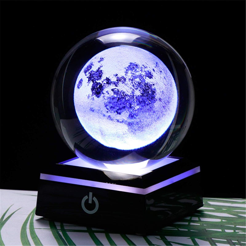 Qianwei 3D Moon Model Crystal Ball Led Lamp Base  Space Decor World Globe Planets Sphere Night Light 80mm 315 Inch  Solar System Decor Best Birthday Astronomy Gifts for Men Physics Science Teacher