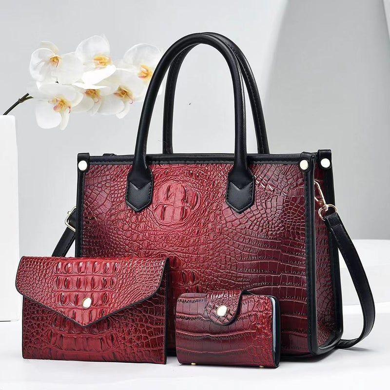 Textured Crocodile Pattern Mother Bag Middle-Aged Women'S High-Grade Handbag Three-Piece All-Match Shoulder Messenger Bag - Image 1