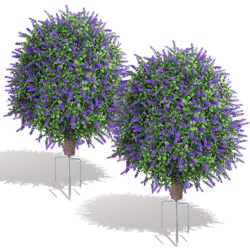 HyeFlora 26'' Artificial Boxwood Topiary Trees with Lavender Flowers 2 Pack Fake Plants for Outdoor Indoor Artificial Shrubs with Metal Ground Spike UV Resistant Fake Bushes for Front Porch Garden, Red - Image 2