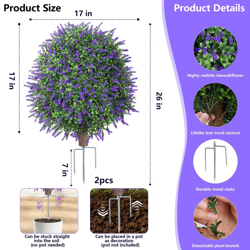 HyeFlora 26'' Artificial Boxwood Topiary Trees with Lavender Flowers 2 Pack Fake Plants for Outdoor Indoor Artificial Shrubs with Metal Ground Spike UV Resistant Fake Bushes for Front Porch Garden, Red - Image 3