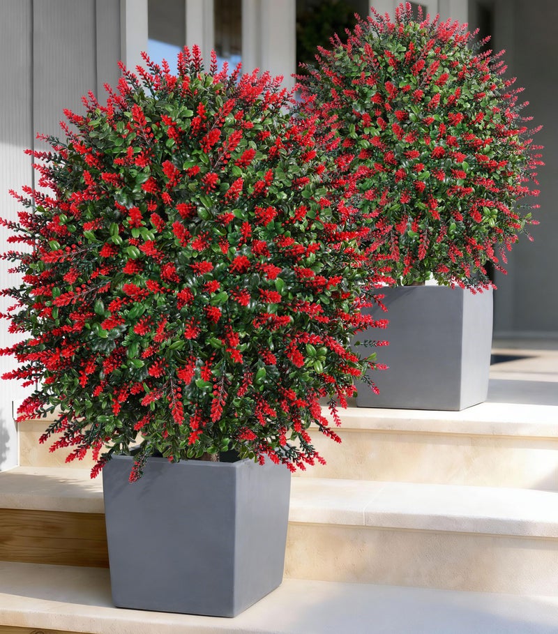 HyeFlora 26'' Artificial Boxwood Topiary Trees with Lavender Flowers 2 Pack Fake Plants for Outdoor Indoor Artificial Shrubs with Metal Ground Spike UV Resistant Fake Bushes for Front Porch Garden, Red - Image 1