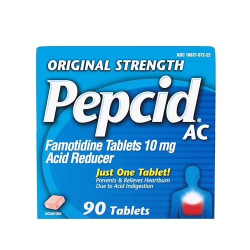 Pepcid AC Original Strength Heartburn Relief Tablets OTC Medicine Prevents Relieves Heartburn Acid Reflux Due to Acid Indigestion 10mg Famotidine Acid Reducer FastActing 90 ct