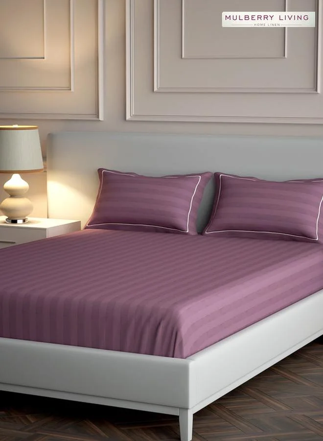 Mulberry Living 100% Cotton King Flat Bedsheet With 2 Pillow Covers - 300Tc Elysian Stripes - Plum