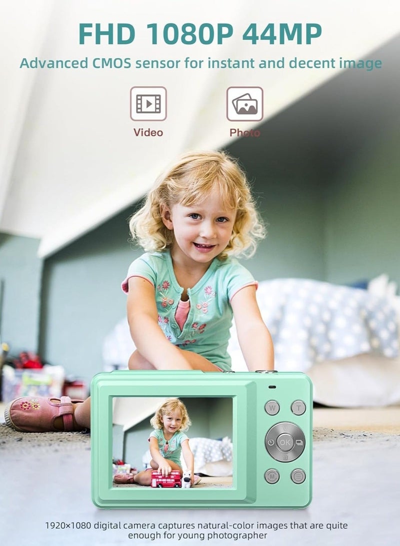 Digital Camera, FHD 1080P Kids Camera, 44MP Point and Shoot Digital Cameras with 32GB Memory Card and Two Batteries, 16X Zoom , Lanyard, Compact Size Camera, Gift for Boys/Girls (Green) - Image 2