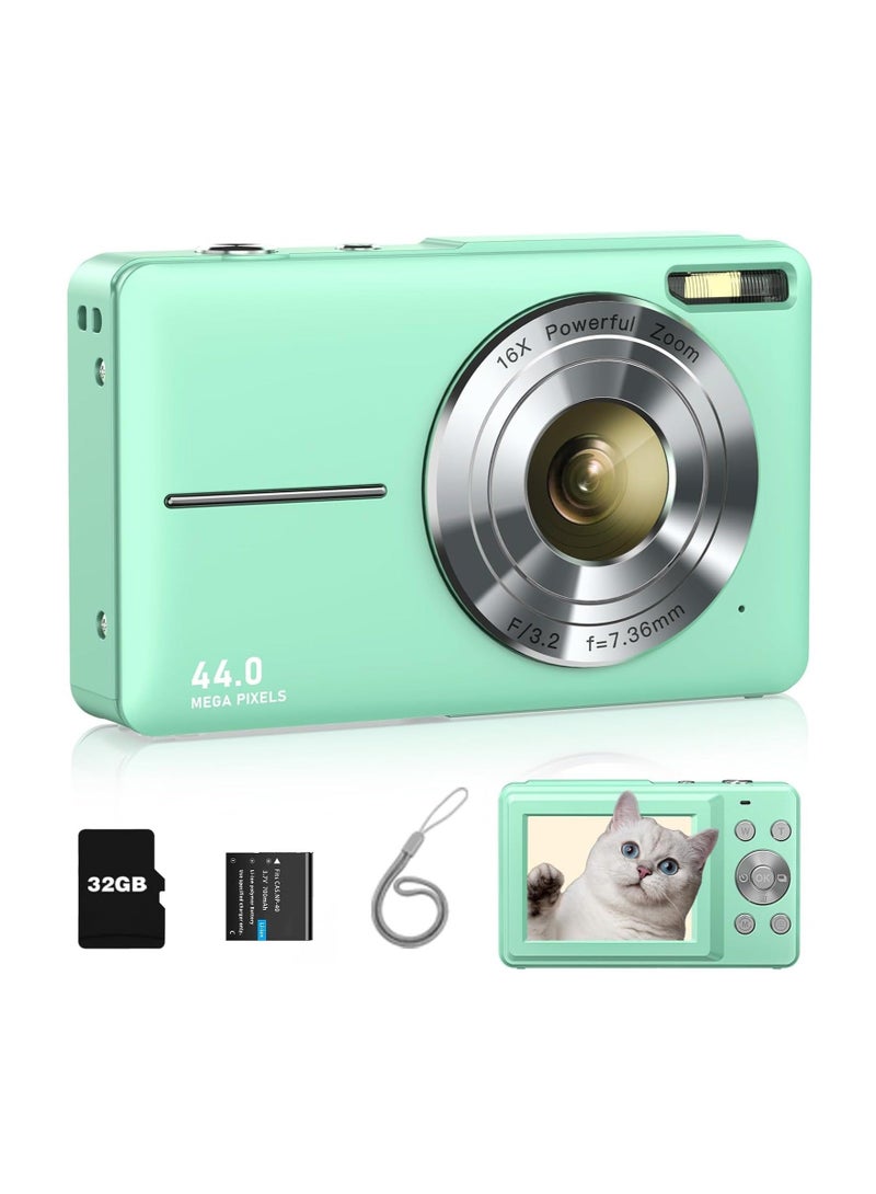 Digital Camera, FHD 1080P Kids Camera, 44MP Point and Shoot Digital Cameras with 32GB Memory Card and Two Batteries, 16X Zoom , Lanyard, Compact Size Camera, Gift for Boys/Girls (Green) - Image 1