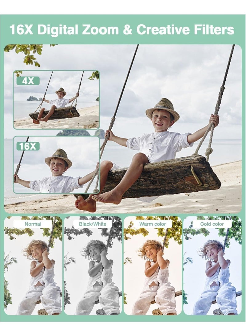 Digital Camera, FHD 1080P Kids Camera, 44MP Point and Shoot Digital Cameras with 32GB Memory Card and Two Batteries, 16X Zoom , Lanyard, Compact Size Camera, Gift for Boys/Girls (Green) - Image 5