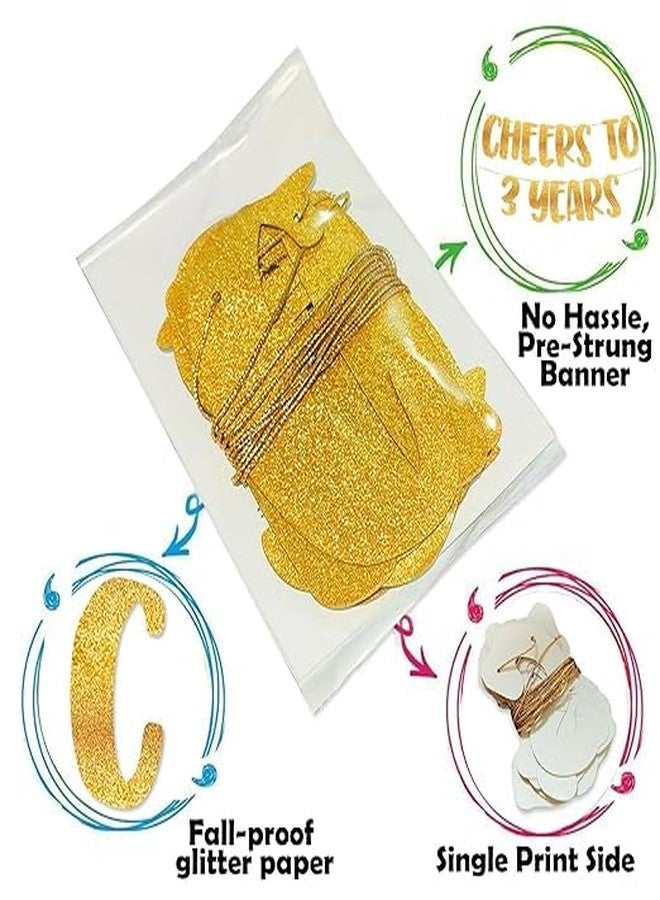 TrifleArte Cheers to 3 Years Banner | 3rd Birthday Party Golden Glitter Banner | Party Decorations and Supplies | Wedding Anniversary Decorations | Pre-Strung - Image 2