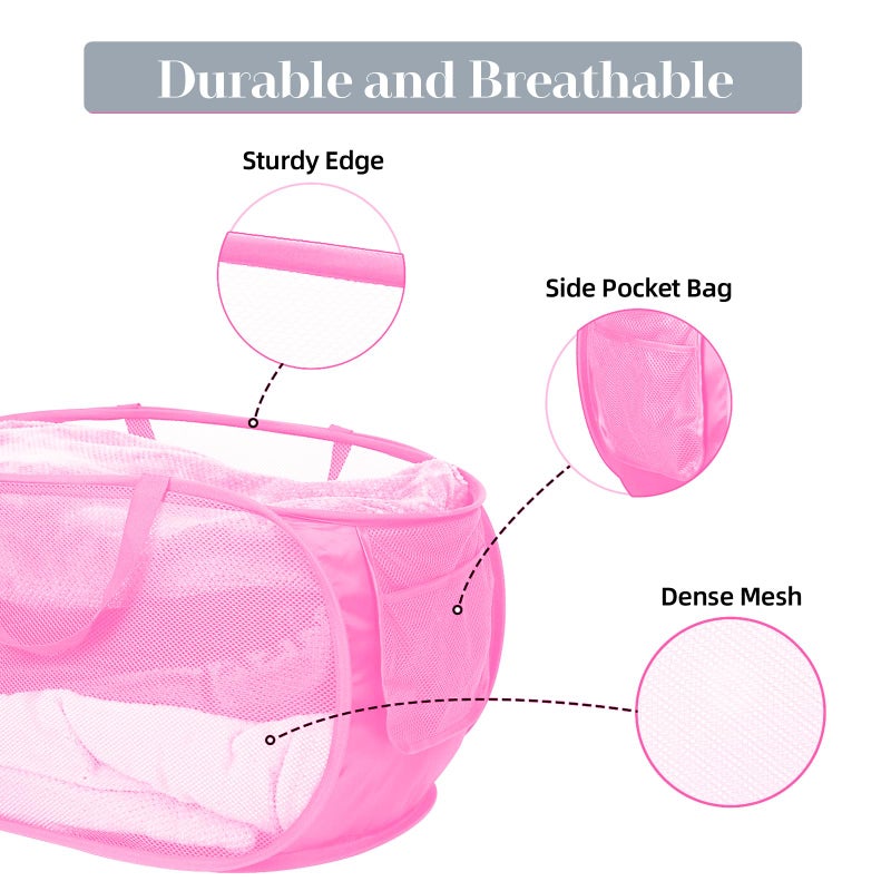Bemkoo Durable Collapsible Laundry Baskets, Mesh Pop Up Laundry Hamper with Side Pocket, Foldable Clothes Storage Hamper with Reinforced Carry Handles for Laundry, Bathroom, Kids Room, Dorm or Travel Pink - Image 4