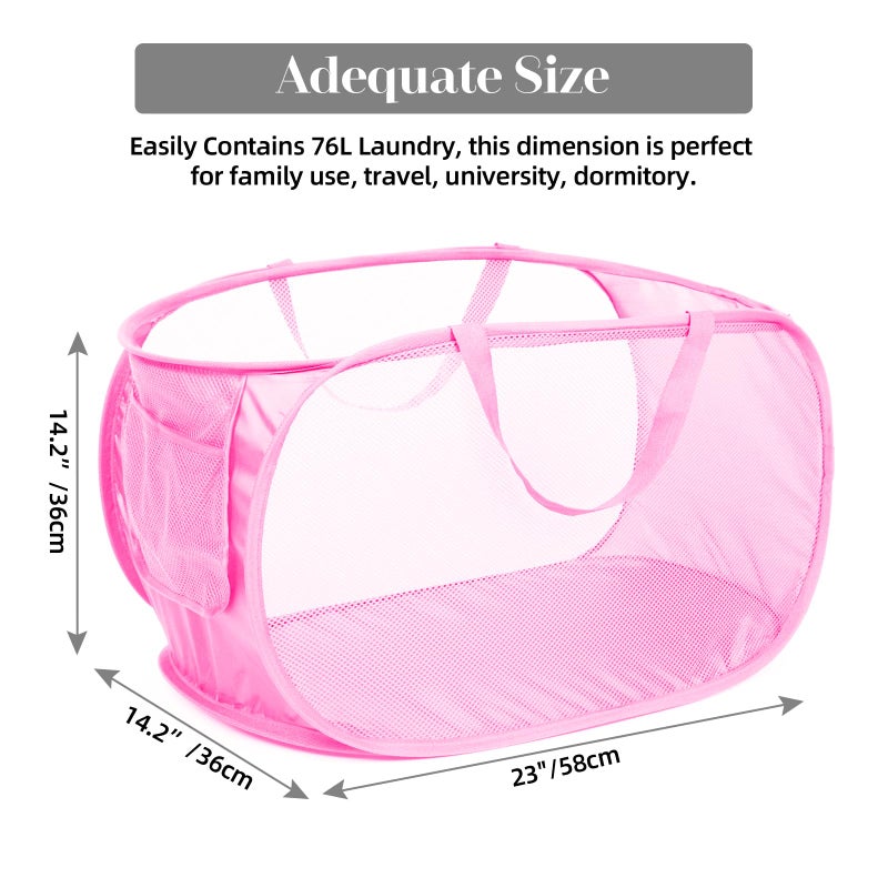 Bemkoo Durable Collapsible Laundry Baskets, Mesh Pop Up Laundry Hamper with Side Pocket, Foldable Clothes Storage Hamper with Reinforced Carry Handles for Laundry, Bathroom, Kids Room, Dorm or Travel Pink - Image 3