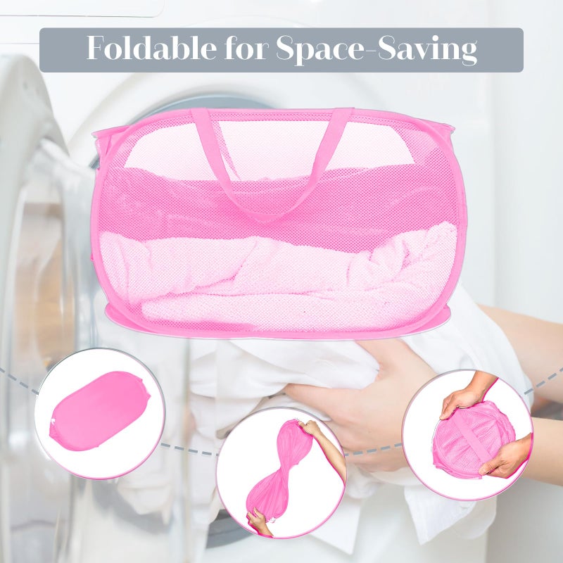 Bemkoo Durable Collapsible Laundry Baskets, Mesh Pop Up Laundry Hamper with Side Pocket, Foldable Clothes Storage Hamper with Reinforced Carry Handles for Laundry, Bathroom, Kids Room, Dorm or Travel Pink - Image 5