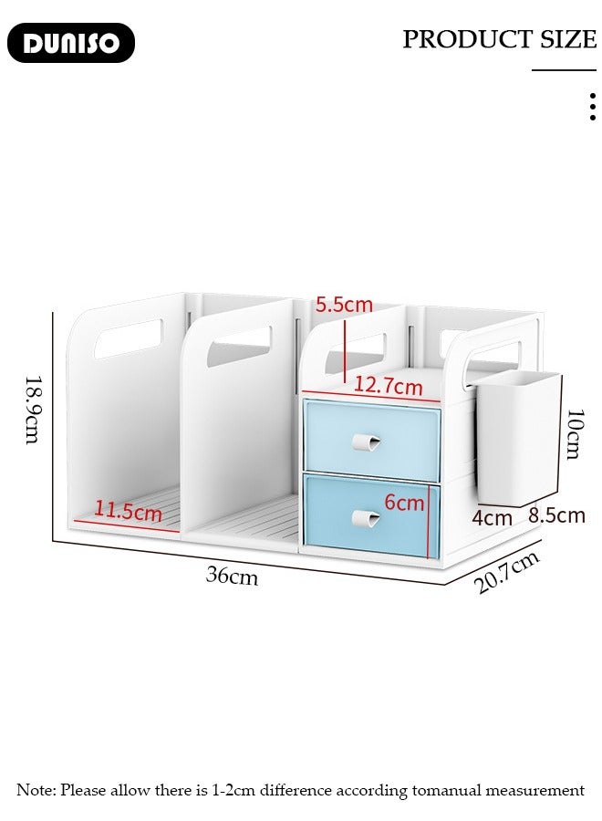 DUNISO Plastic Desktop Bookshelf,Desk Organizer Office Storage Rack,Vertical File Folder Holder with 2 Drawer,Book Stand with Handle and Pen container,Desk Letter Tray Set, File Sorter Organizer for Home, Office - Image 2