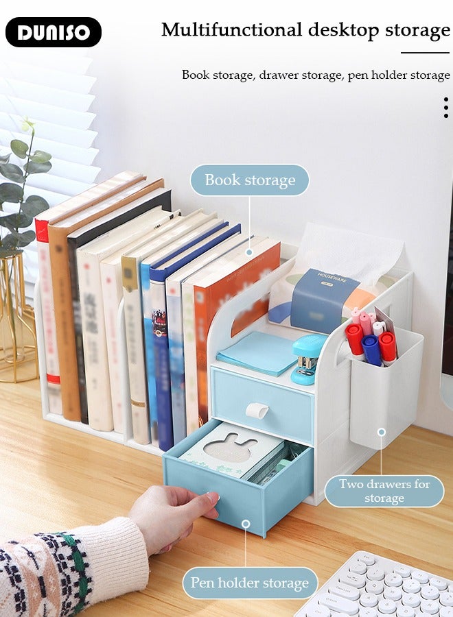 DUNISO Plastic Desktop Bookshelf,Desk Organizer Office Storage Rack,Vertical File Folder Holder with 2 Drawer,Book Stand with Handle and Pen container,Desk Letter Tray Set, File Sorter Organizer for Home, Office - Image 4