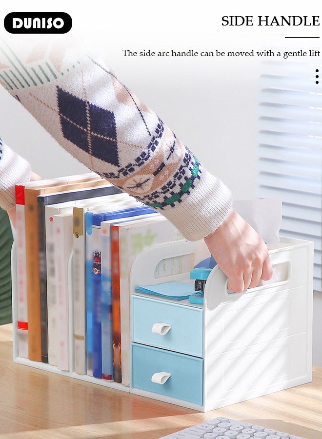 DUNISO Plastic Desktop Bookshelf,Desk Organizer Office Storage Rack,Vertical File Folder Holder with 2 Drawer,Book Stand with Handle and Pen container,Desk Letter Tray Set, File Sorter Organizer for Home, Office - Image 3