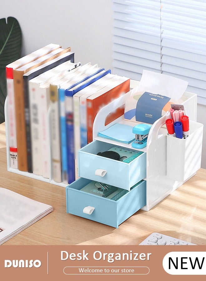 DUNISO Plastic Desktop Bookshelf,Desk Organizer Office Storage Rack,Vertical File Folder Holder with 2 Drawer,Book Stand with Handle and Pen container,Desk Letter Tray Set, File Sorter Organizer for Home, Office - Image 1
