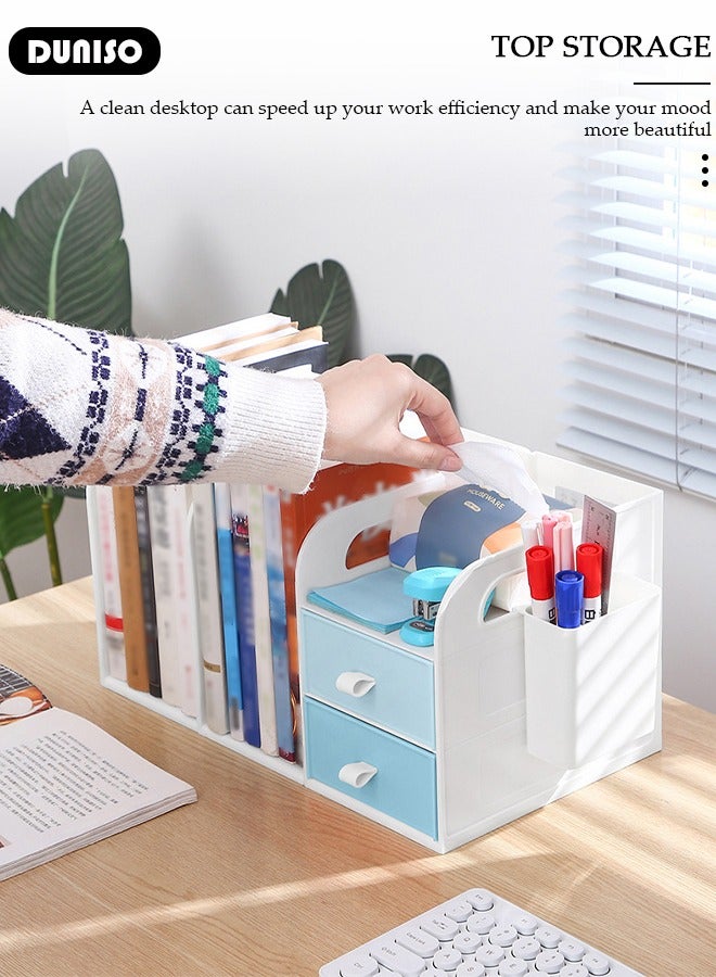 DUNISO Plastic Desktop Bookshelf,Desk Organizer Office Storage Rack,Vertical File Folder Holder with 2 Drawer,Book Stand with Handle and Pen container,Desk Letter Tray Set, File Sorter Organizer for Home, Office - Image 5