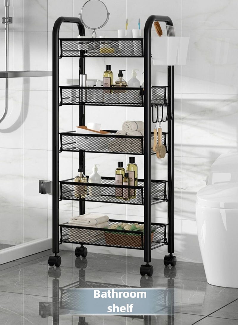 Haidue 5 Tier Mesh Wire Rolling Cart, Kitchen Storage Organizer Utility Cart, Full Metal Basket Storage Art Trolley Carts with Wheels & 5 Side Hooks - Image 4