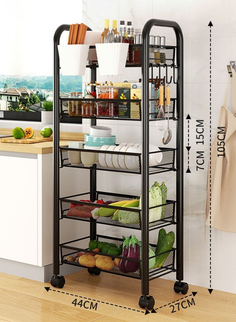 Haidue 5 Tier Mesh Wire Rolling Cart, Kitchen Storage Organizer Utility Cart, Full Metal Basket Storage Art Trolley Carts with Wheels & 5 Side Hooks - Image 2