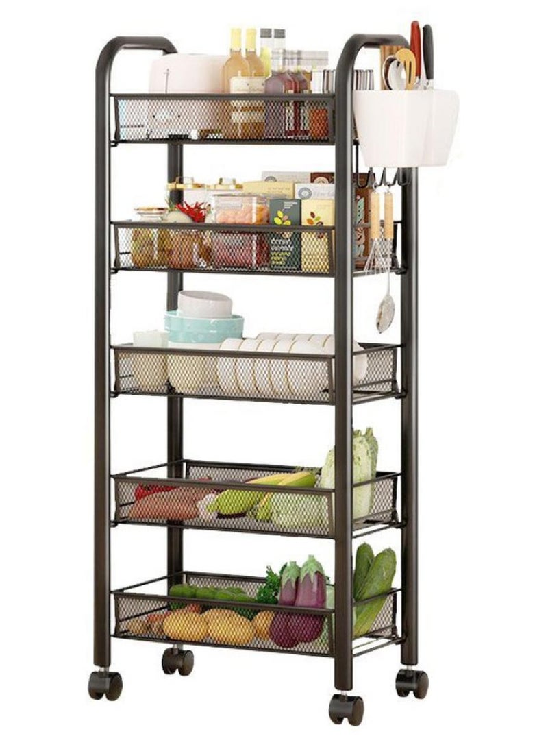 Haidue 5 Tier Mesh Wire Rolling Cart, Kitchen Storage Organizer Utility Cart, Full Metal Basket Storage Art Trolley Carts with Wheels & 5 Side Hooks - Image 1