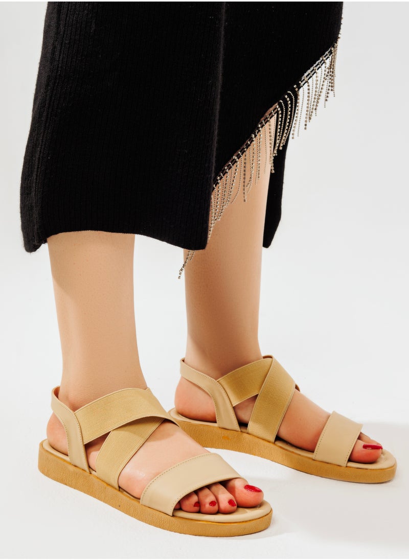 LIFESTYLISH - Sandal Flat Leather Elastic SF-44 - Beige - Image 1