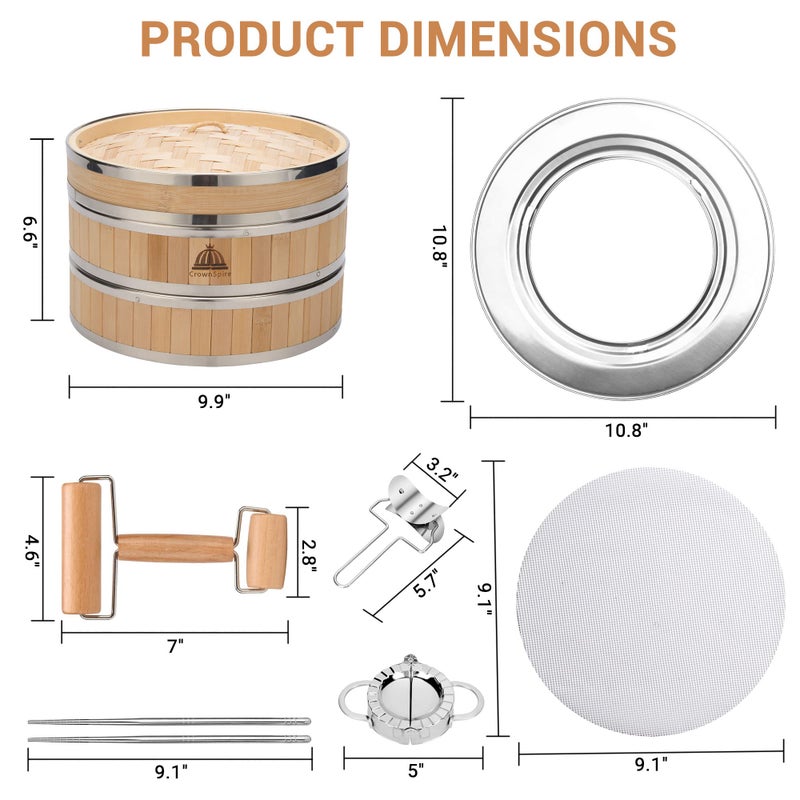 CROWNSPIRE 2 Tier Bamboo Steamer | Bamboo Steamer Basket with Reusable Silicone Liner | Food Dim Sum Kit for Cooking Baby Bao Bun, Rice, Vegetable, Fish and Meat - Image 2
